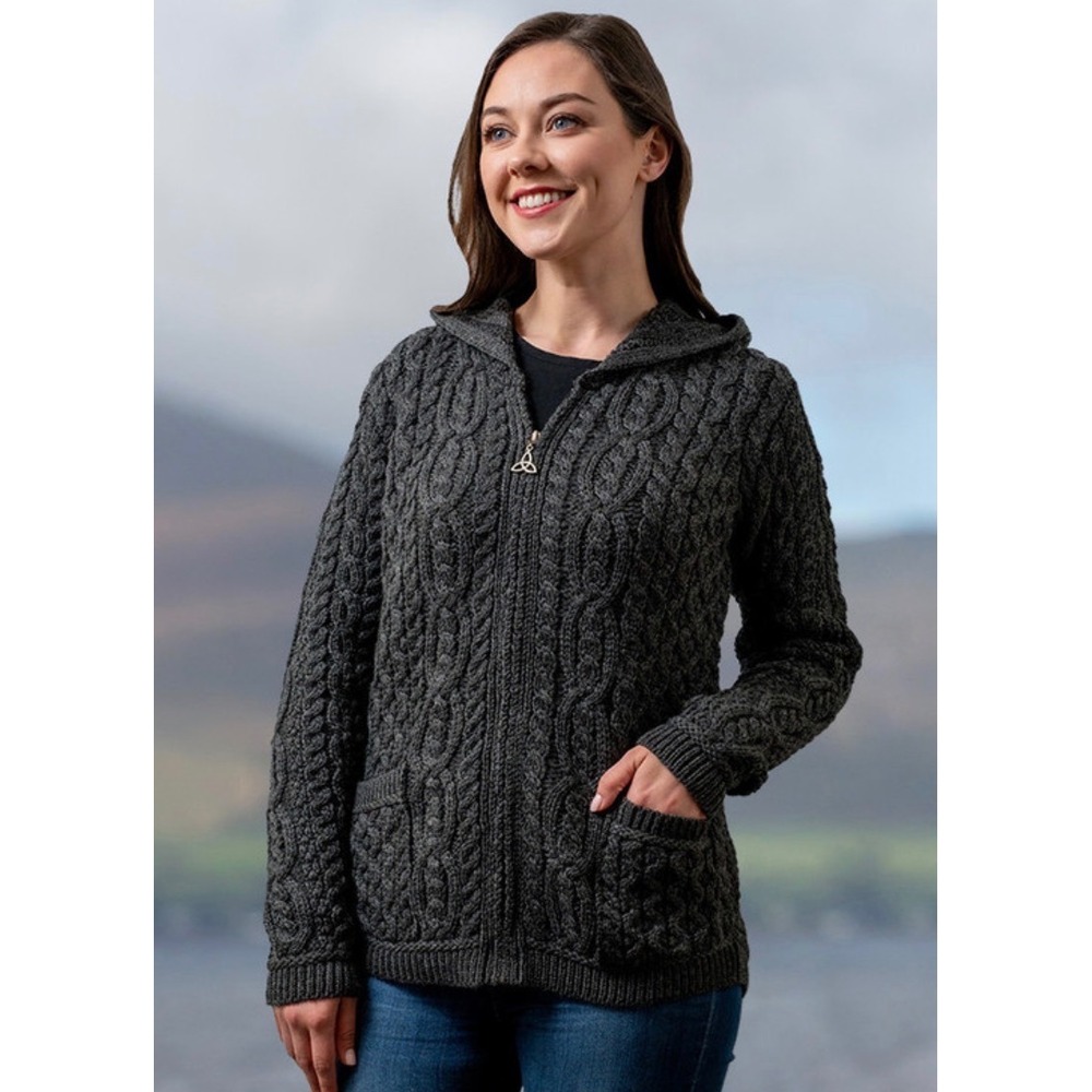 Aran Mor Cable Knit Sweater Small Gray Merino Wool Celtic Ireland Fisherman Hood